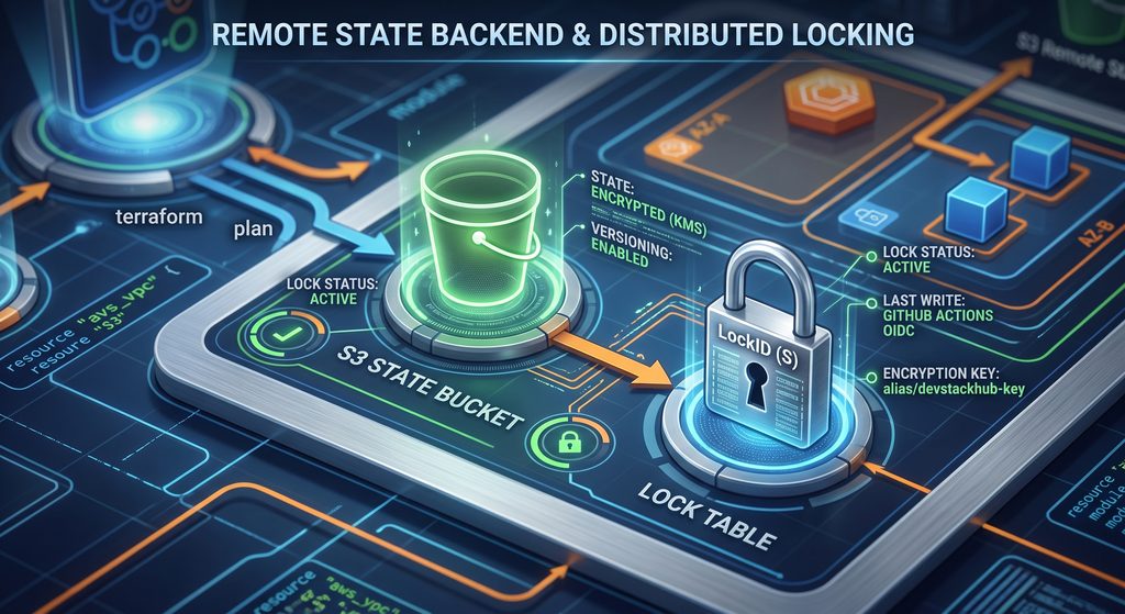 Diagram illustrating Terraform remote state storage in an encrypted Amazon S3 bucket with a DynamoDB distributed locking table.